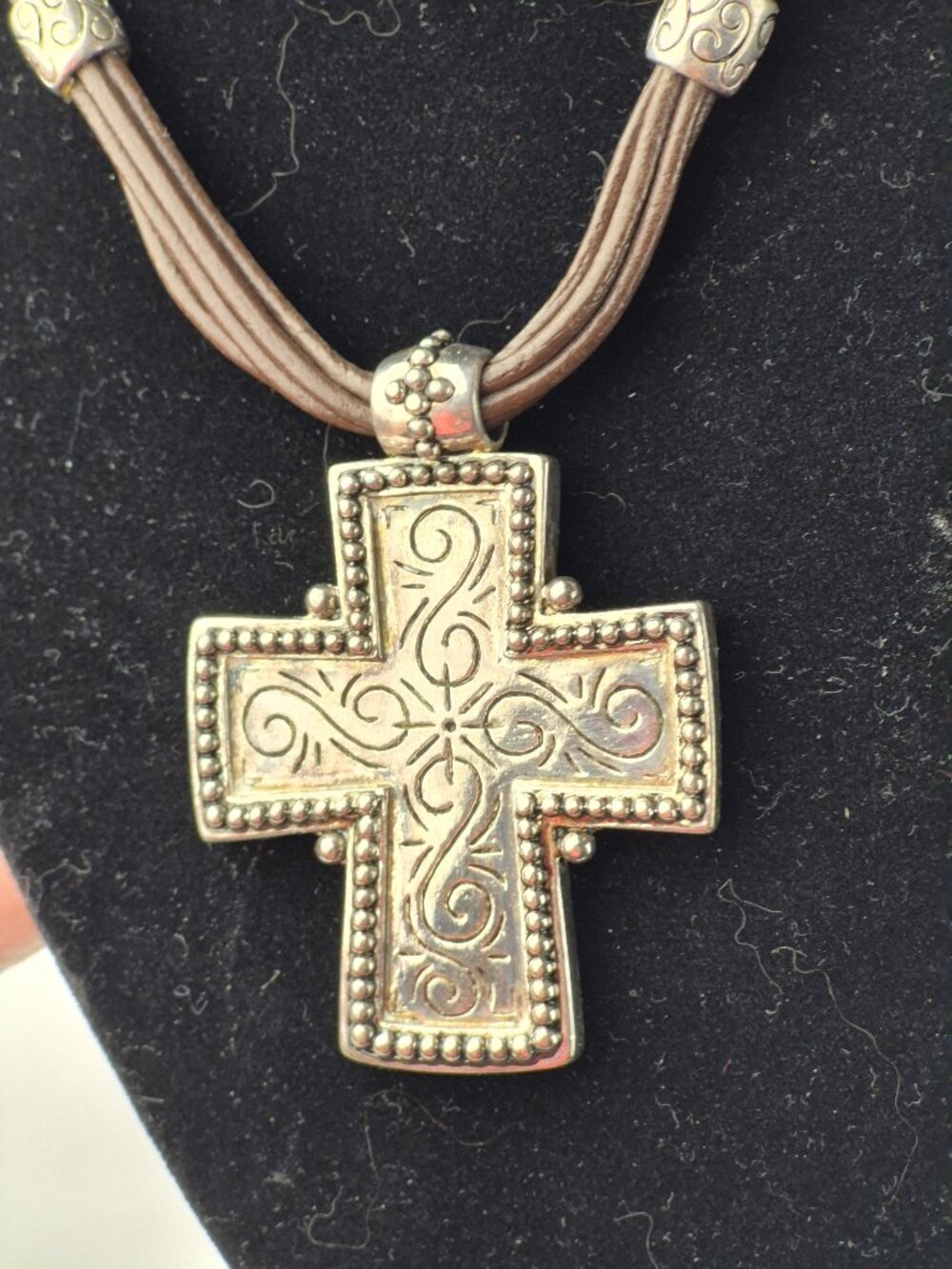 Premier Designs Cheyenne Brown Leather Cord Silver Plated Cross Pendant Necklace